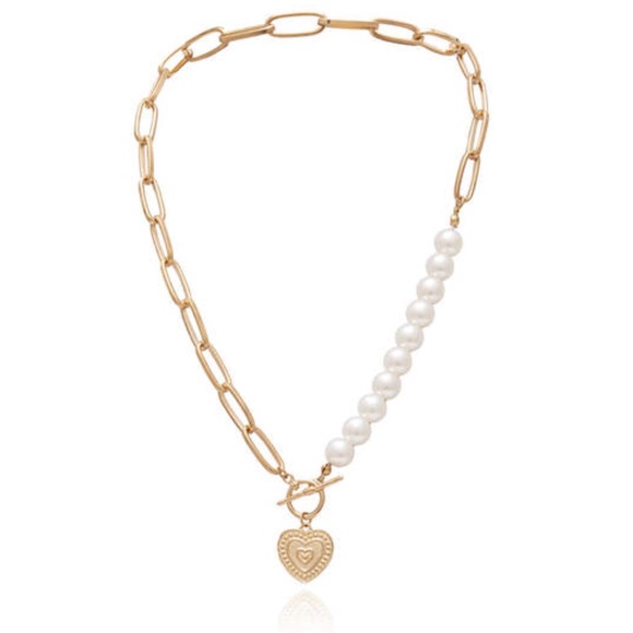Heart Pearl Golden Necklace New - Picture 2 of 3